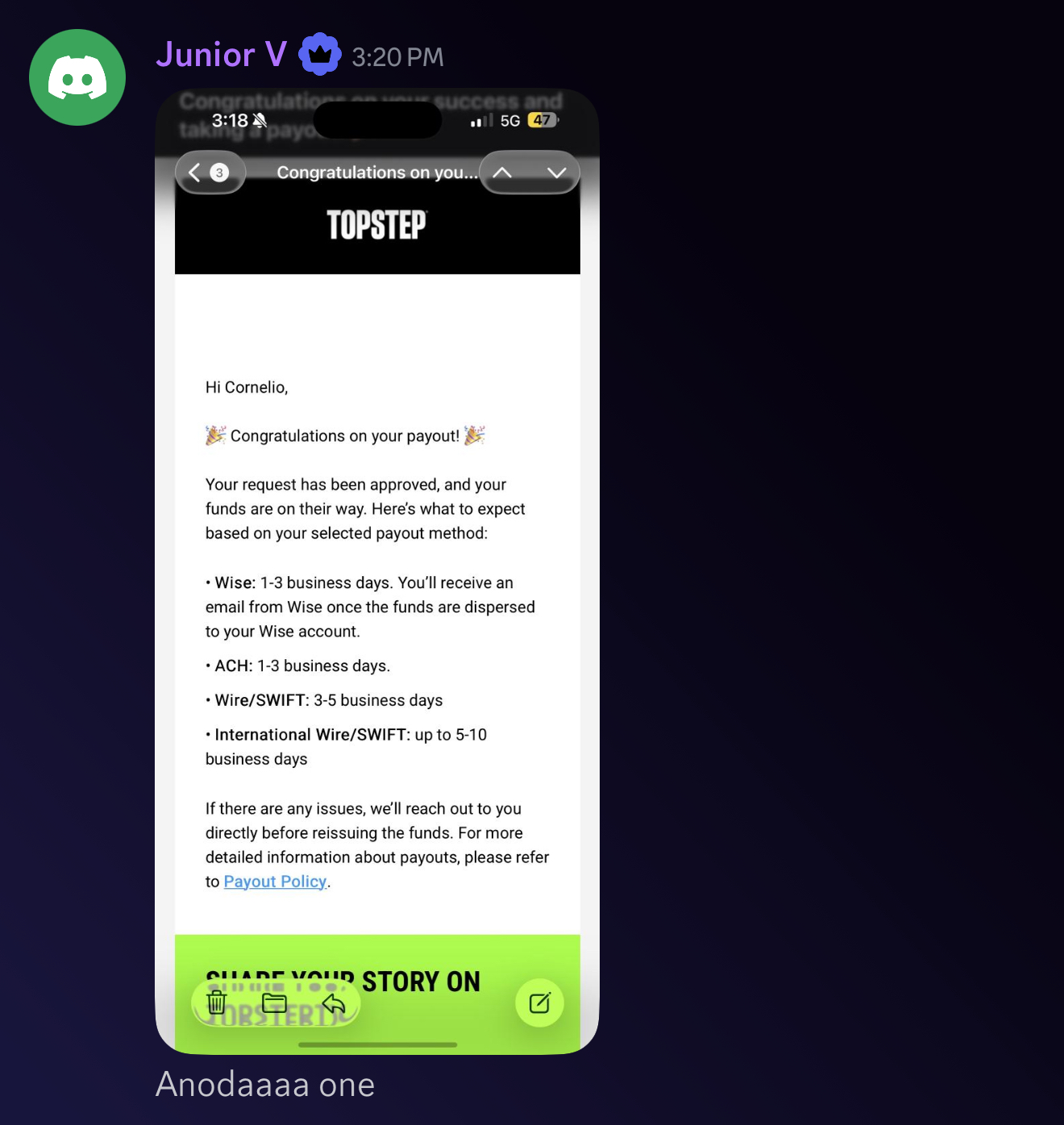 Junior V testimonial screenshot